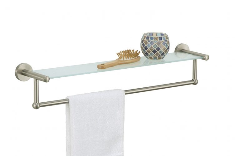 The Organize It All Satin Nickel Glass Shelf with Towel Bar- bathroom shelves