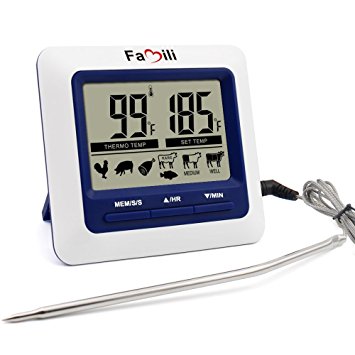 Famili MT004 Digital Kitchen Food Meat Cooking Electronic Thermometer Probe for BBQ, Oven, Grill, and Smoker with Timer Alarm and Large LCD Display - meat thermometer