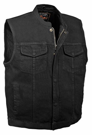 Men's Concealed Snap Denim Club Style Vest w/ Hidden Zipper (Black) - Motorcycle Vest for Men 