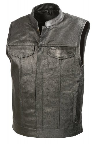  Mens Leather Club Style Vest W/ Concealed Gun Pockets, Cowhide Leather Biker Vest, Single Panel Back - Motorcycle Vest for Men 