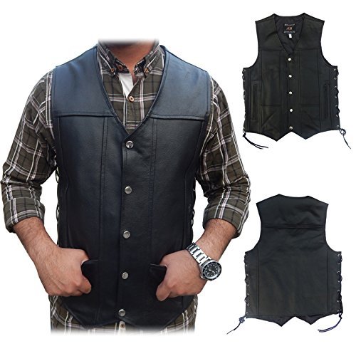 2Fit Men's Black Genuine Leather 10 Pockets Motorcycle Biker Vest - Motorcycle Vest for Men 