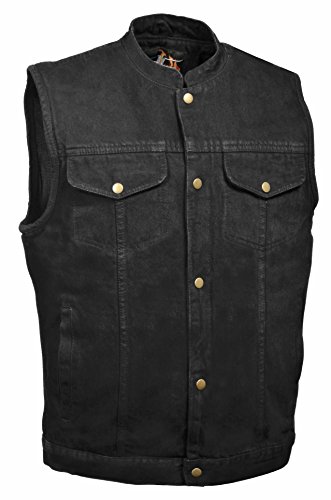 Men's Snap Front Denim Club Style Vest w/ Gun Pocket (Black) - Motorcycle Vest for Men 