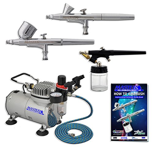 Master Airbrush Multi-purpose Professional Airbrushing System with 3 Airbrushes, 6’ Air Hose &amp; Airbrush Holder, Training Book