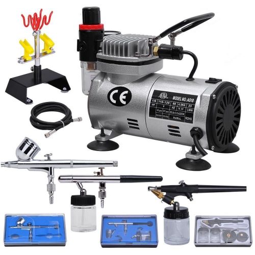 Multi-purpose Professional Airbrush Kit with 3 Dual-action Spray Airbrushes &amp; Compressor &amp; 6’; Air Hose &amp; Brush Holder Ta
