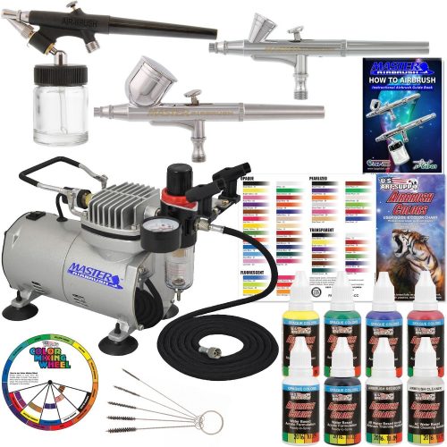 Master Airbrush Professional 3 Airbrush System with Compressor and 6 Color Primary Paint Set