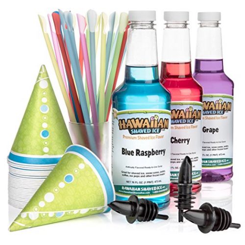 Hawaiian Shaved Ice 3 Flavor Fun Pack of Snow Cone Syrup | Kit Features 25 Snow Cone Cups, 25 Spoon Straws, 3 Black Bottle Pourers & Shaved Ice Syrup Flavors - Cherry, Grape, & Blue Raspberry