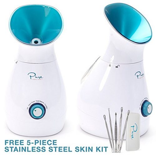 NanoSteamer - Large 3-in-1 Nano Ionic Facial Steamer with Precise Temp Control - 30 Min Steam Time - Humidifier - Unclogs Pores - Blackheads - Spa Quality - Bonus 5 Piece Stainless Steel Skin Kit