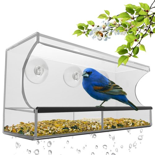 Nature's Hangout Window Bird Feeder with Removable Tray, Drain Holes and 3 Free Extra Suction Cups. Large Size, 100% Clear Acrylic. Easy to Clean. Great Gift. Guaranteed For All Weather