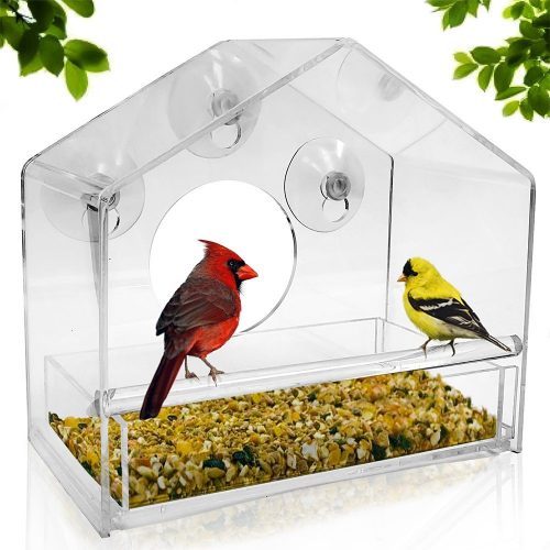 UPGRADED Window Bird Feeder, Sliding Feed Tray, Large, Crystal Clear, Weatherproof Design, Squirrel Resistant, Drains Rain Water to keep bird seed dry!
