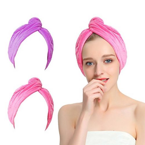 AuroTrends Microfiber Turban Large Wrap Turban Cap 2 Pack- Ultra Absorbent Drastically Reduce Hair Drying Time(2 Pack Peachblow & Purple)