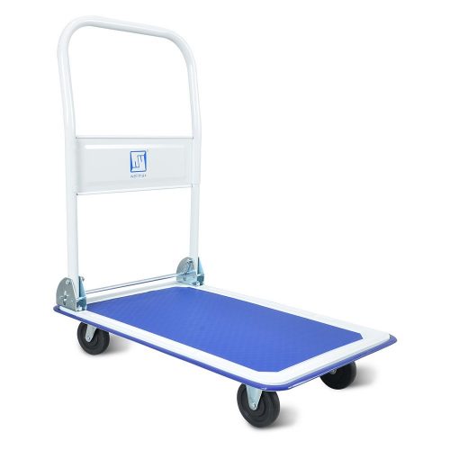Push Cart Dolly by Wellmax | Functional moving platform + hand truck | Foldable for easy storage + 360-degree swivel wheels + 330lb weight capacity | Blue color