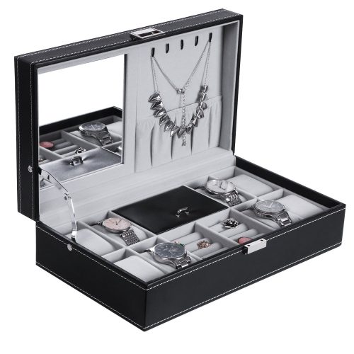 BEWISHOME Jewelry Box 8 Watch Box Organizer 2-in-1 Storage Show Case Display Metal Hinge Mirrored Black PU Leather SSH05B