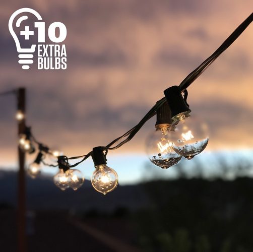 50ft Black String Lights, 60 G40 Globe Bulbs (10 Extra): Connectable, Waterproof, Indoor/Outdoor Globe String Lights for Patios, Parties, and Weddings