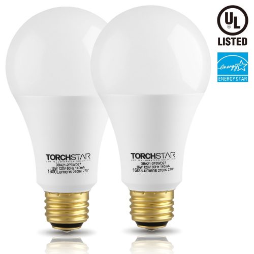 3-Way 40/60/100W Equivalent LED A21 Light Bulb, ENERGY STAR + UL-listed, 2700K Soft White, E26 Medium Screw Base, for Table Lamp, Bedside Lamp, Pack of 2