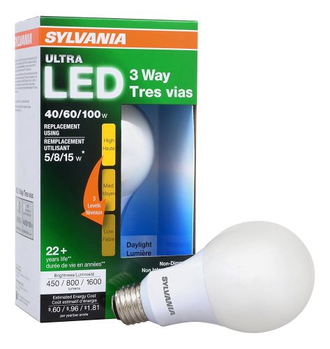 SYLVANIA ULTRA 3-WAY LED Light Bulb 40/60/100W Replacement, Daylight 5000K, 25,000-hour life - A21, Medium Base, 74086 - Energy Star (4.5/8.5/15W)