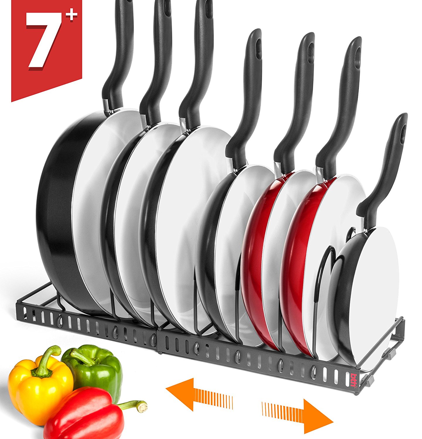 BTH NEW Expandable Kitchen Pan and Pot Organizer Rack: Stores 7+ Pans, Can Be Extended to 22.25", Total 7 Adjustable Compartments, Pantry Cupboard Bakeware Plate Holder (BTH Expandable Pan Organizer)