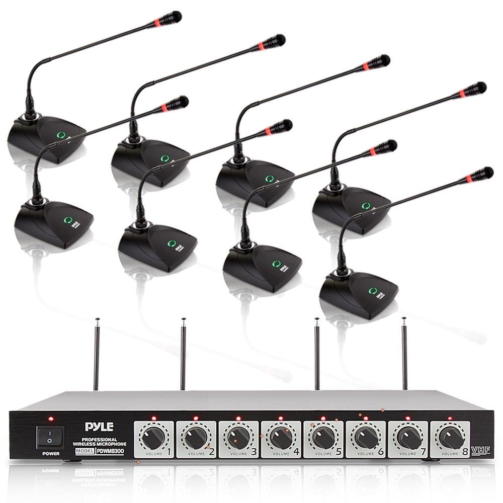 8 Channel Wireless Microphone System - Portable VHF Cordless Audio Mic Set with 1/4 and XLR Output, Dual Antenna, Includes 8 Table Top Mics, Rack Mountable Receiver Base - Pyle Pro PDWM8300