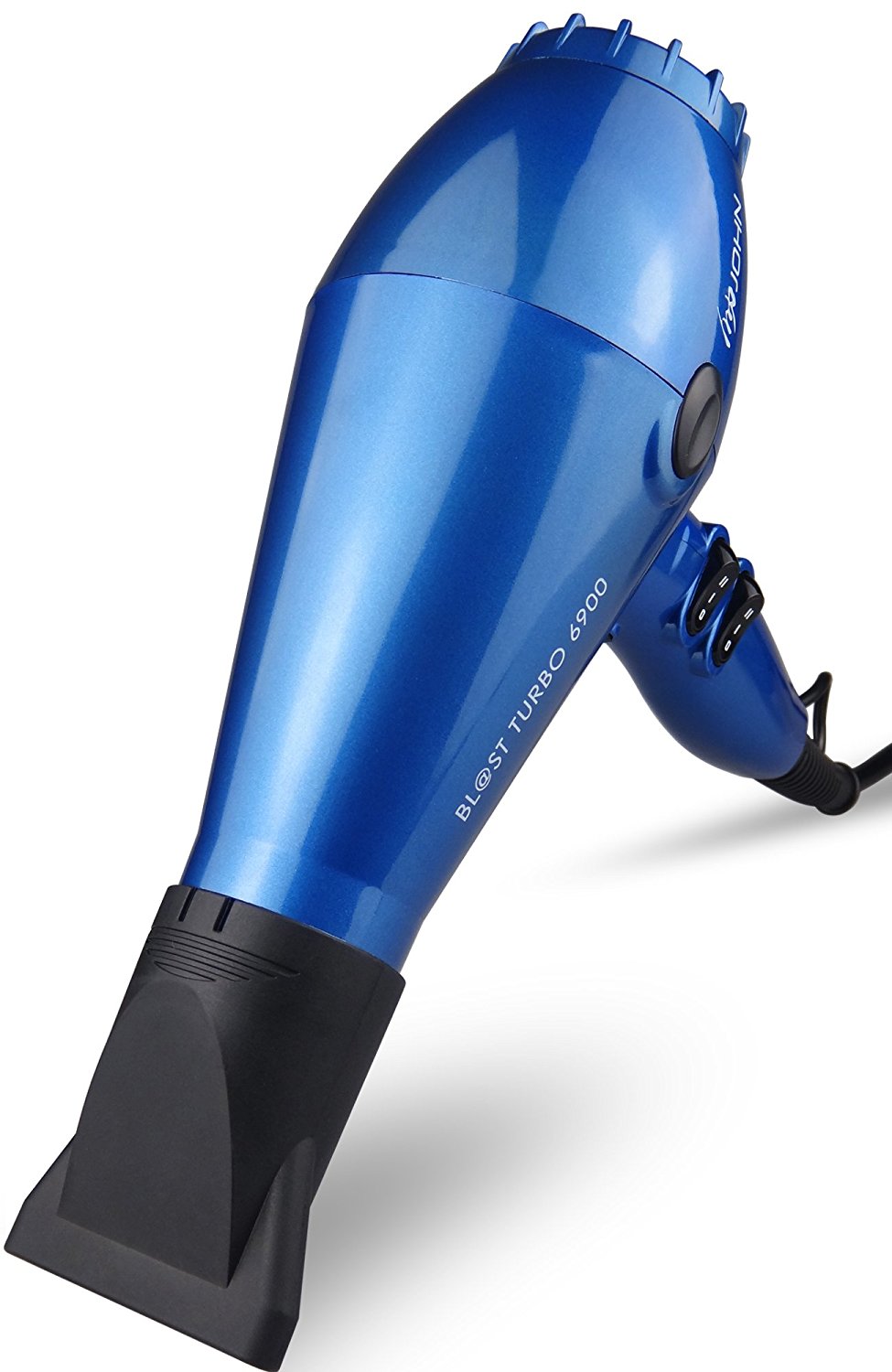 JOHN Blast 6900 Tourmaline Ceramic Ionic Professional Hair Dryer 2200W Powerful Fast Drying Blow Dryer 9Ft Cable AC Motor with 2 Nozzles for Salon Styling Glossy Blue