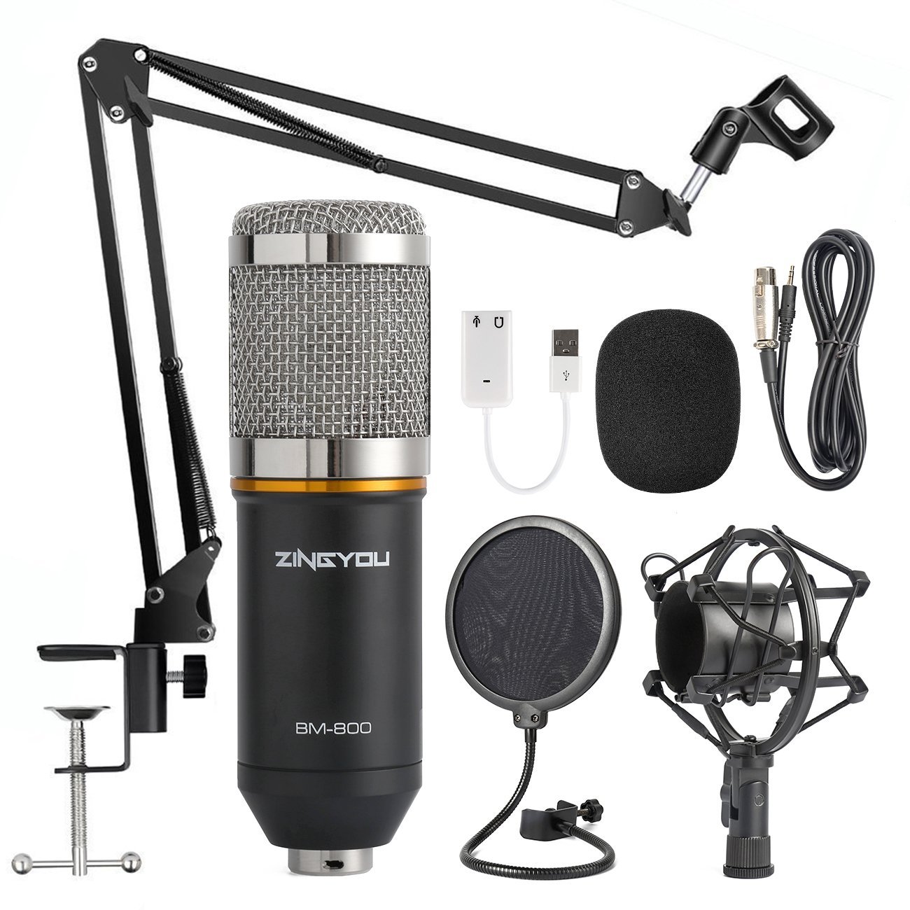 ZINGYOU Condenser Microphone Bundle, BM-800 Mic Kit with Adjustable Mic Suspension Scissor Arm, Shock Mount and Double-layer Pop Filter for Studio Recording & Brocasting (BM-800 Microphone Bundle)