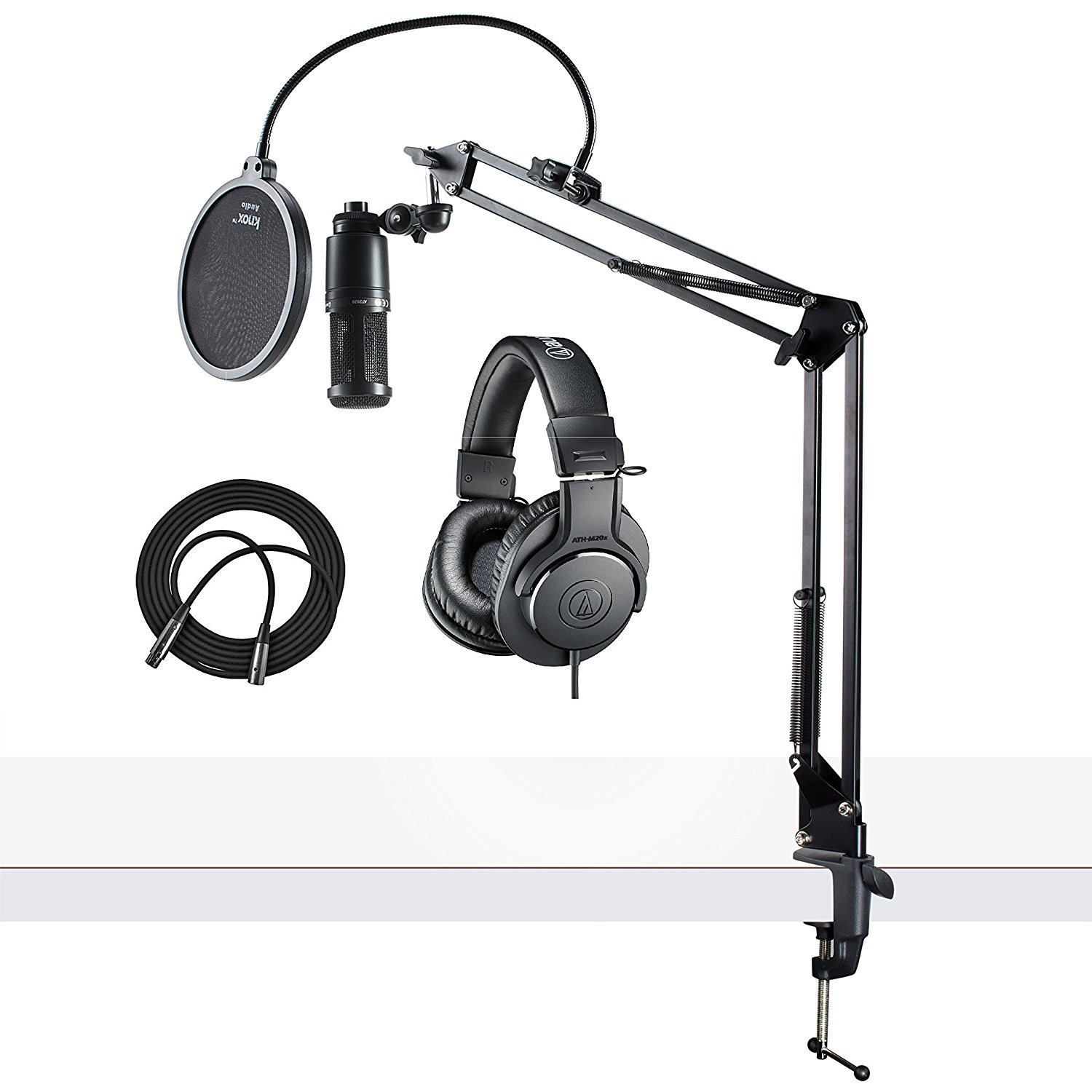 Audio-Technical AT2020 Microphone w/ ATH-M20x Headphones, Knox Pop Filter & Boom Arm