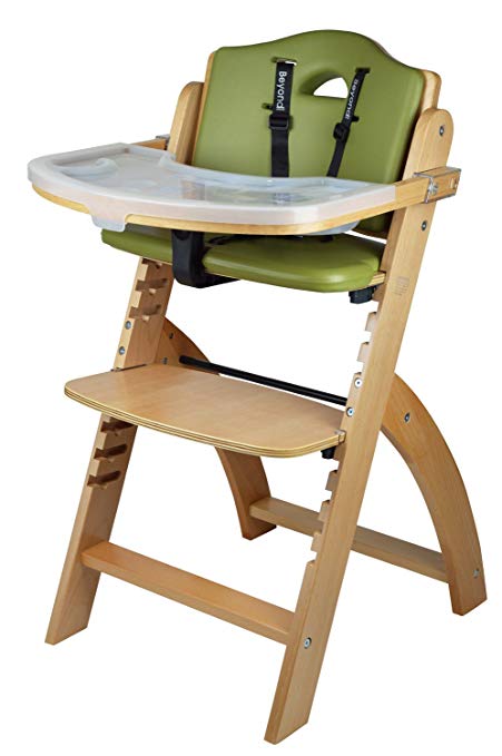 Abiie Beyond Wooden High Chair With Tray. The Perfect Adjustable Baby Highchair Solution For Your Babies and Toddlers or as a Dining Chair. (6 Months up to 250 Lb) (Natural Wood - Olive Cushion)