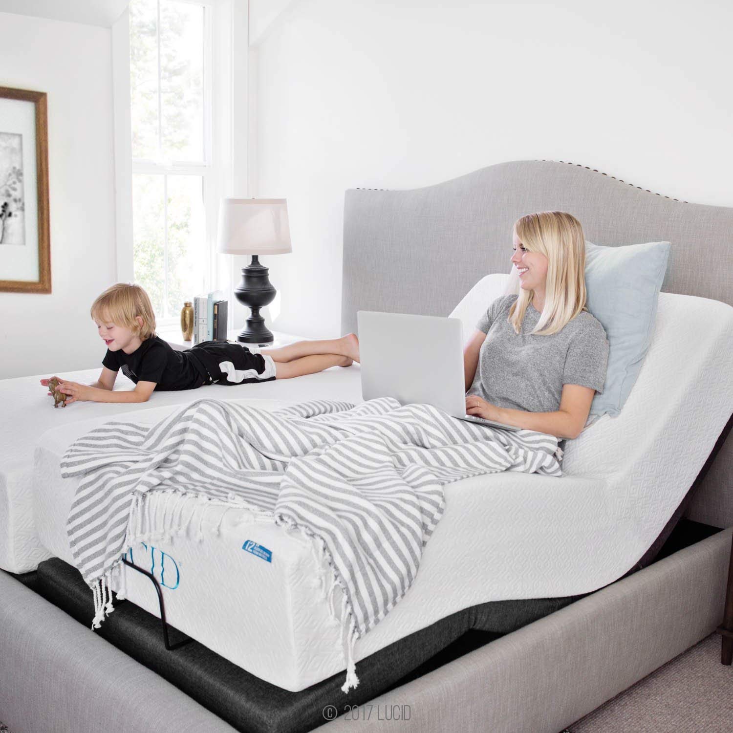LUCID L300 Adjustable Bed Base-5 Minute Assembly-Dual USB Charging Stations Head and Foot Incline-Wireless Remote Control-Upholstered-Ergonomic, Twin XL, Charcoal