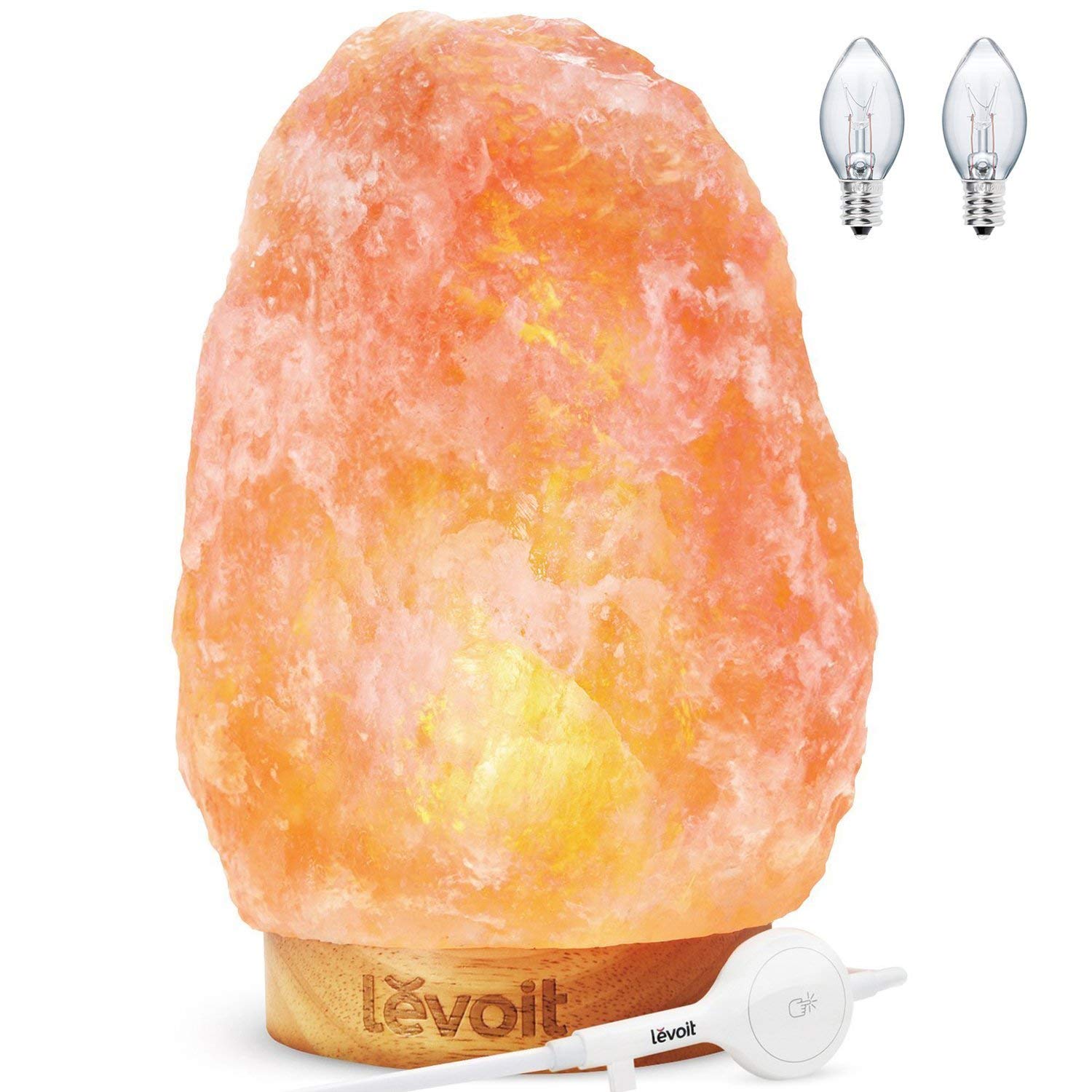 LEVOIT Kana Himalayan Rock Salt Lamp Pink Crystal Hand Carved Hymalain Lamps with Real Rubber Wood Base, Dimmable Touch Switch, Holiday Gift (UL-Listed, 2 Extra Original Bulbs Included)