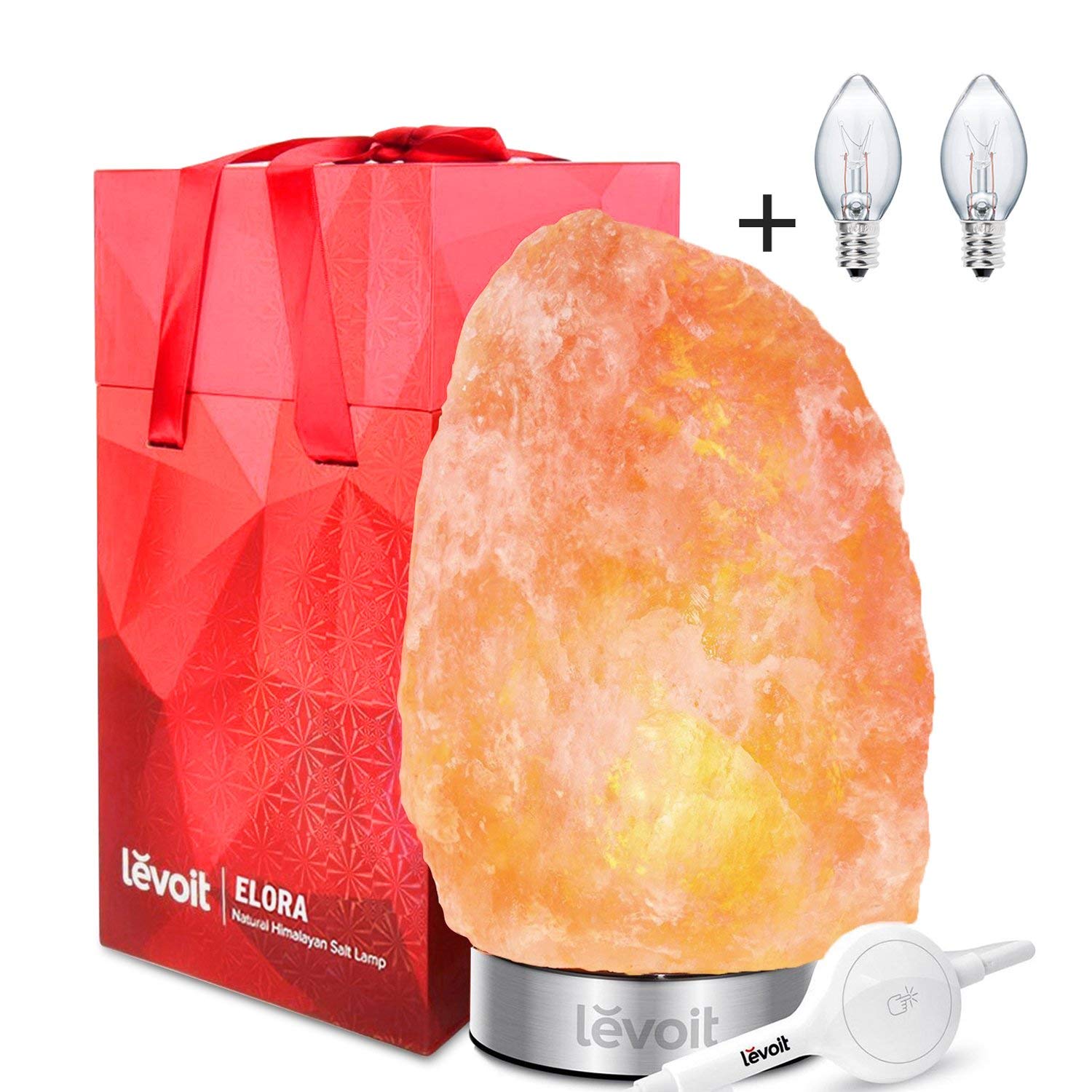Levoit Elora Large Salt Lamp Pink Crystal Hand Carved Himalayan Salt Lamps with 18/8 Stainless Steel Base, Dimmable Touch Switch, Luxury Gift Box(UL-Listed, 2 Extra Original Bulbs Included)