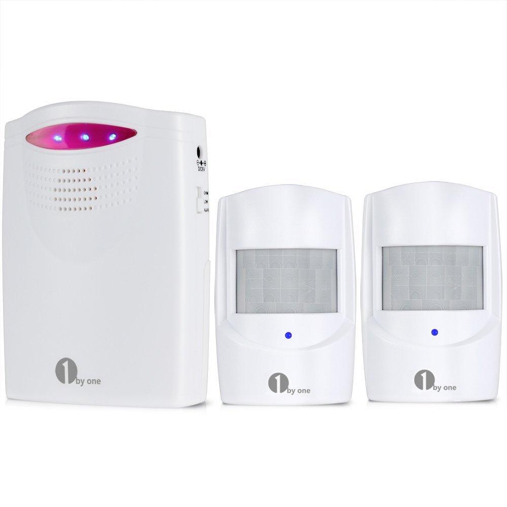 1byone Wireless Home Security Driveway Alarm, 1 Battery-operated Receiver, and 2 PIR Motion Sensor Detector Weatherproof Patrol Infrared Alert System Kit