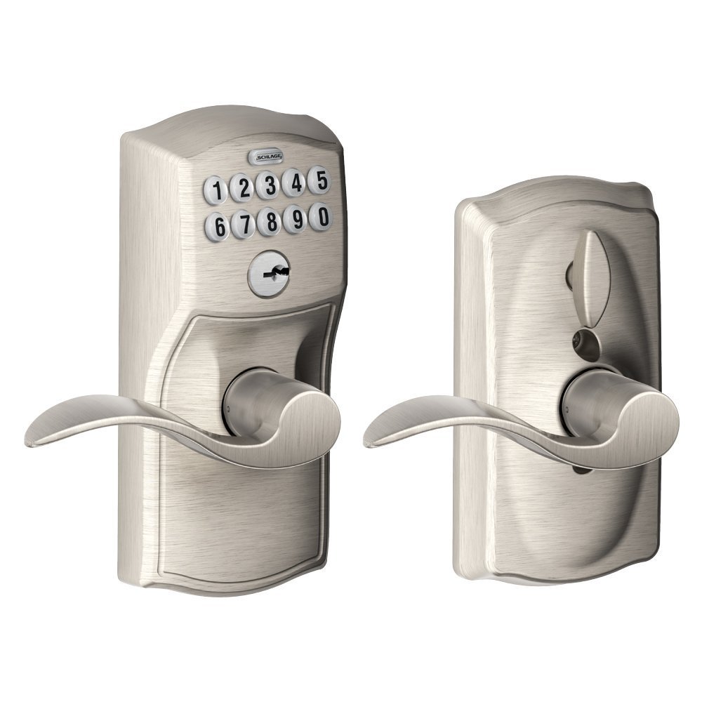 Schlage FE595VCAM619ACC Camelot Keypad Entry with Flex- Lock and Accent Levers, Satin Nickel