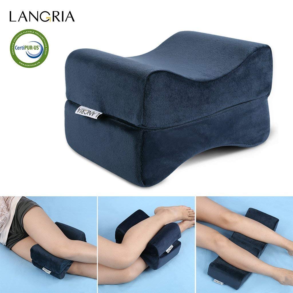 LANGRIA knee pillow memory foam leg pillows for leg, back, hip pain relief, foldable and antibacterial design with removable cover, CertiPUR-US certified, (9.8 x 5.9 x 7.0 inches) navy blue