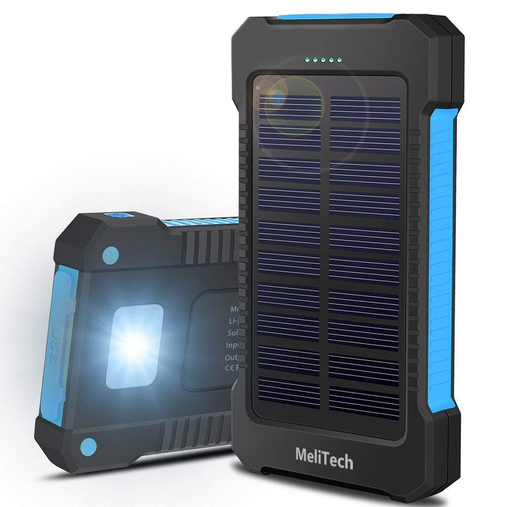 MeliTech Portable Solar Charger Waterproof Mobile Power Bank 20000mAh External Backup Battery Dual USB 5V 1A/2A Output With LED Flashlight and Compass For Phones Tablet Camera iPhone Samsung (Blue)