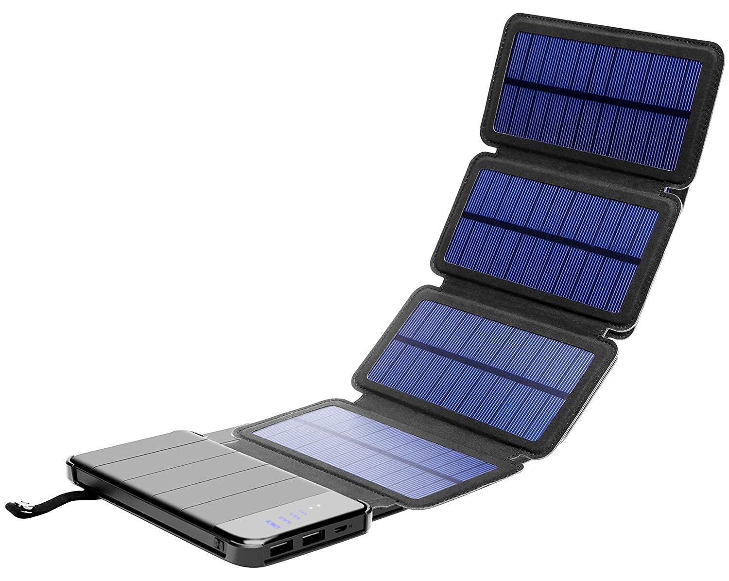 Solar Phone Charger 10.000mAh Power Bank-Portable Smartphone & iPhone Battery + Emergency Flashlight–(2) USB Ports+(4) Foldable Solar Panels-Fast Charging Smart IC Hiking Camping