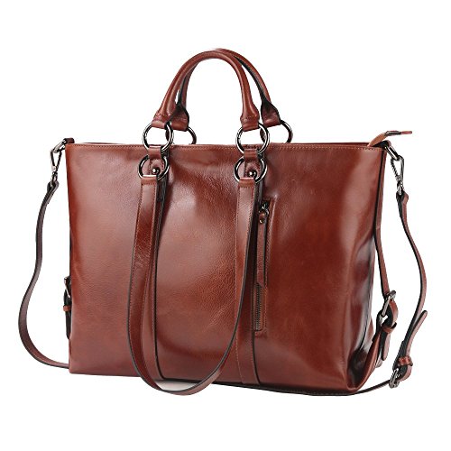 S-ZONE women’s 3-way genuine leather work tote laptop shoulder handbag messenger bag fit 14” laptop upgrade version