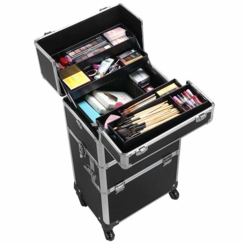 Yaheetech 4 360-degreed Wheels 3-in-1 Professional Aluminum Artist Rolling Trolley Makeup Train Case Cosmetic Organizer Makeup Case for Beauty Chains W/shoulder Straps (Black)
