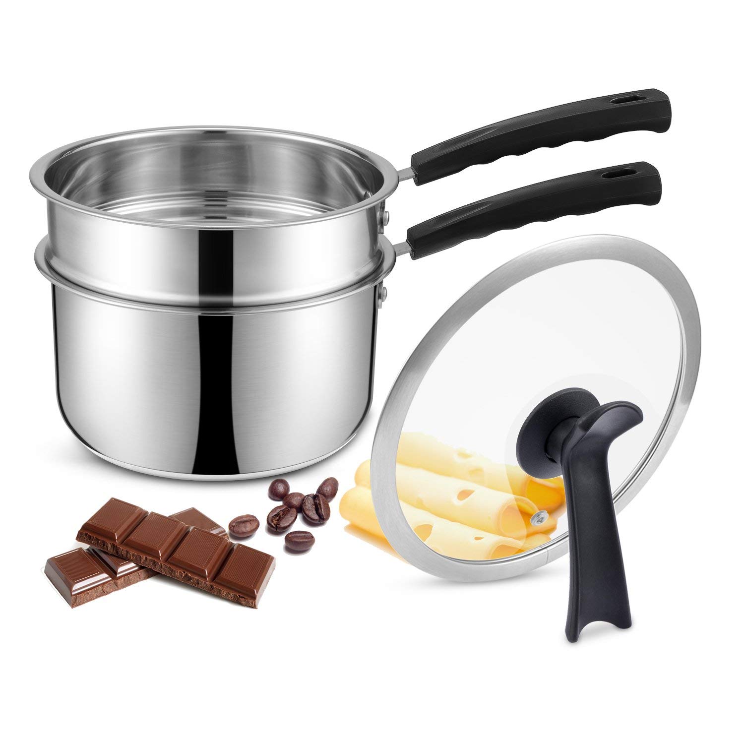 Double Boiler&Classic Stainless Steel Non-Stick Saucepan,Melting Pot for Butter,Chocolate,Cheese,Caramel and Bonus with Tempered Glass Lid