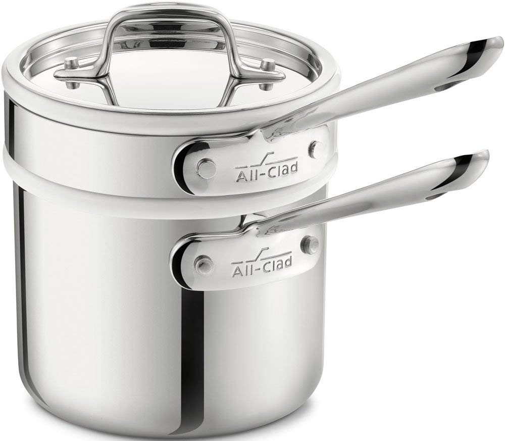 All-Clad 42025 Stainless Steel 3-Ply Bonded Dishwasher Safe Sauce Pan with Porcelain Double Boiler and Cookware Lid, 2-Quart, Silver