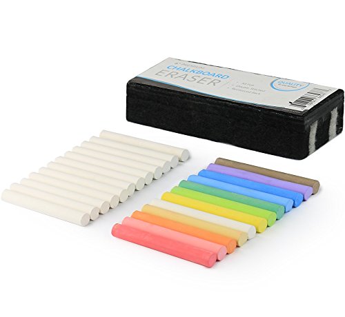 Kedudes Non-Toxic White Dustless Chalk 12 ct box and Colored Dustless Chalk 12 ct box Bundle Premium Chalkboard Eraser - Chalkboard Erasers