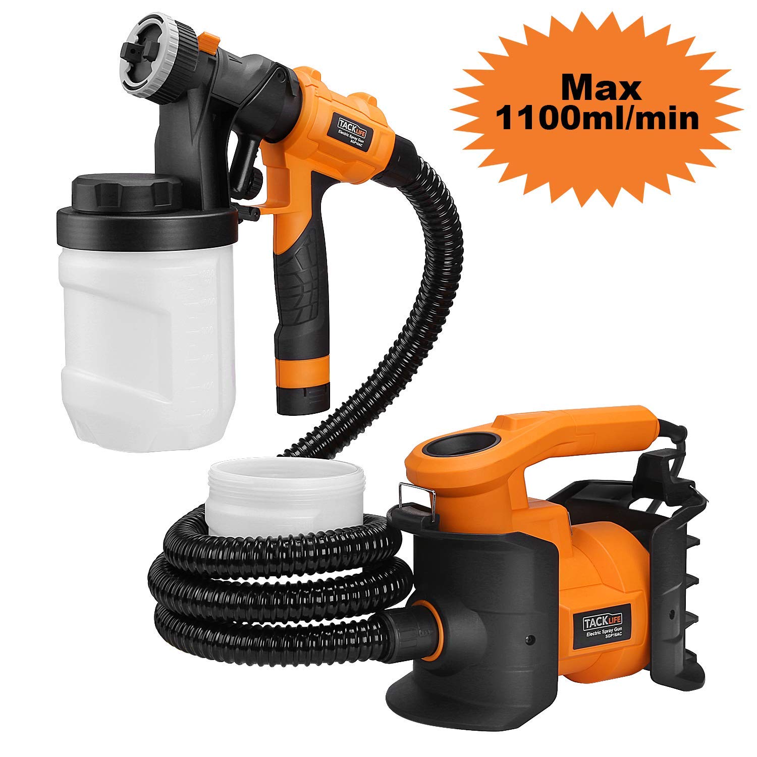Paint Sprayer, Tacklife HVLP 1100ml/min,800W Paint Gun, with 2 X 1200ml Replaceable & Detachable Containers, Three Spray Patterns, Adjustable Valve Knobs for Indoor & Outdoor Precise Paint