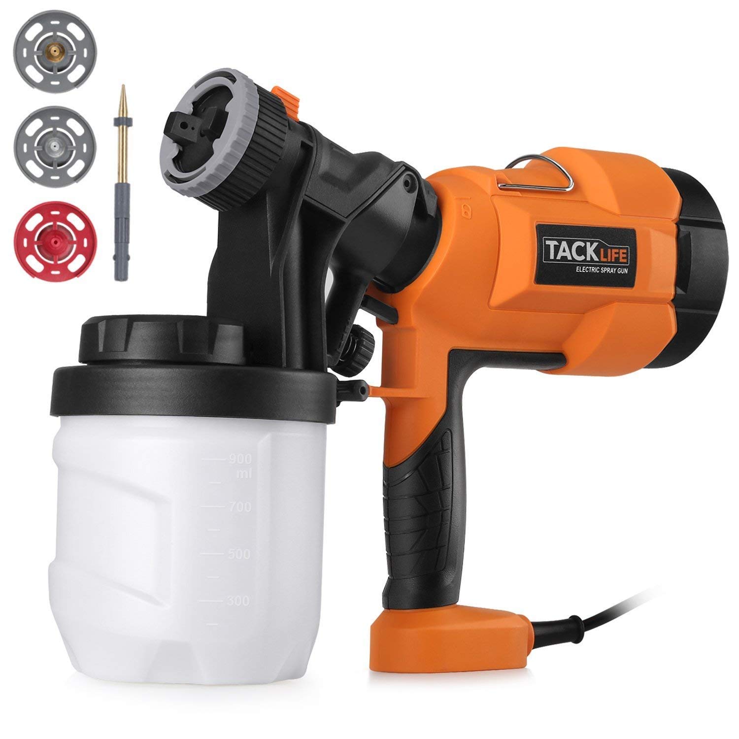 Paint Sprayer 800ml/min, Electric Spray Gun with Three Spray Patterns, Four Nozzle Sizes, Adjustable Valve Knob, Quick Refill Lid and 900ml Detachable Container