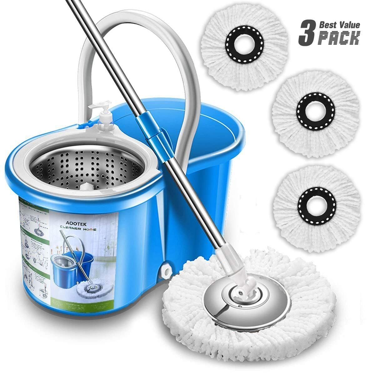 Aootek Upgraded Stainless Steel Deluxe 360 Spin Mop & Bucket Floor Cleaning System Included EasyPress Handle with 3 Microfiber Mop Heads