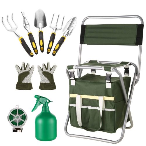 Homdox 10 Piece Garden Tools Set -5 Gardening Tool Set Folding Stool Seat with Backrest and Zippered Detachable Tote