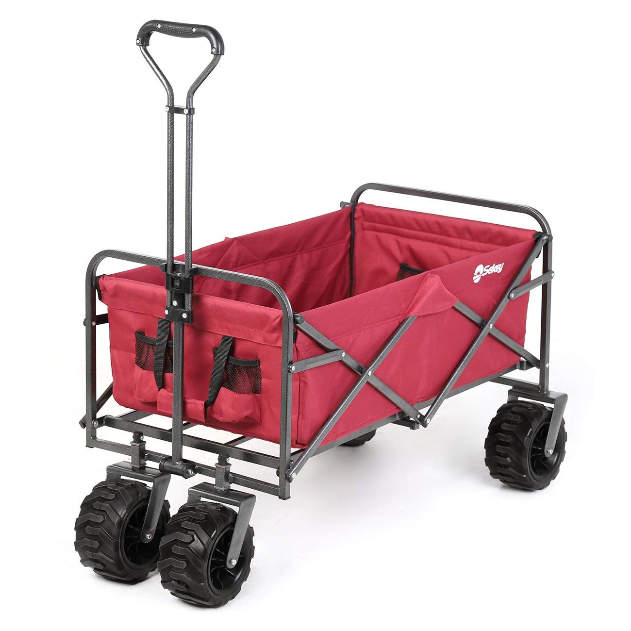 Sekey Folding Wagon Cart Collapsible Outdoor Utility Wagon Garden Shopping Cart Beach Wagon with All-Terrain Wheels, 265 Pound Capacity, Red