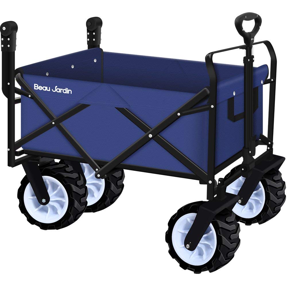 Folding Push Wagon Cart Collapsible Utility Camping Grocery Canvas Fabric Sturdy Portable Rolling Lightweight Beach Sand Buggies Outdoor Garden Sport Picnic Heavy Duty Shopping Cart Wagons With Wheels