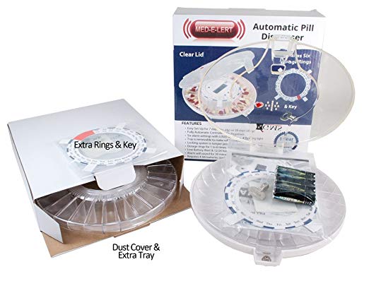 GMS 28 Day Automatic Pill Dispenser - 2Trays - Clear Lid w/6 Daily Alarms with 2 Trays, 2 Keys 2 sets of Dosage Rings