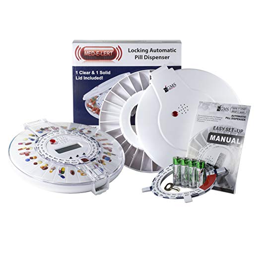 GMS Med-e-lert 28 Day Automatic Pill Dispenser 6 Alarms with 6 Dosage Rings and 1 Metal Key (Clear and Solid Lids Included)