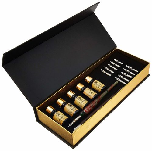 Daveliou Calligraphy Pen Set - 19 Piece Kit & Case - Wood and FREE Glass Dipping Pens - 12 Nibs & 5 Ink - For Kids Adults Beginners or Professional