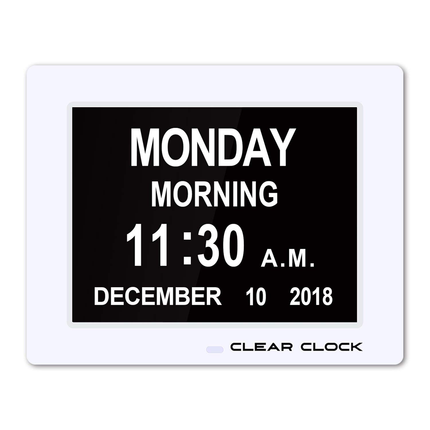 Clear Clock [Newest Version] Extra Large Digital Memory Loss Calendar Day Clock With Optional Day Cycle + Alarm Perfect For Seniors + Impaired Vision Dementia Clock White