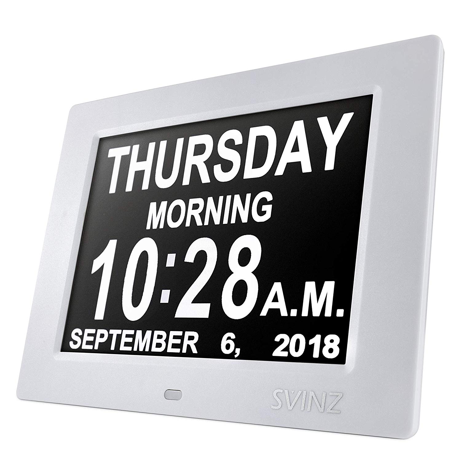 SVINZ 8" Digital Calendar Alarm Day Clock with 3 Alarm Options, Extra Large Non-Abbreviated Day & Month SDC008-2 Color Display Settings