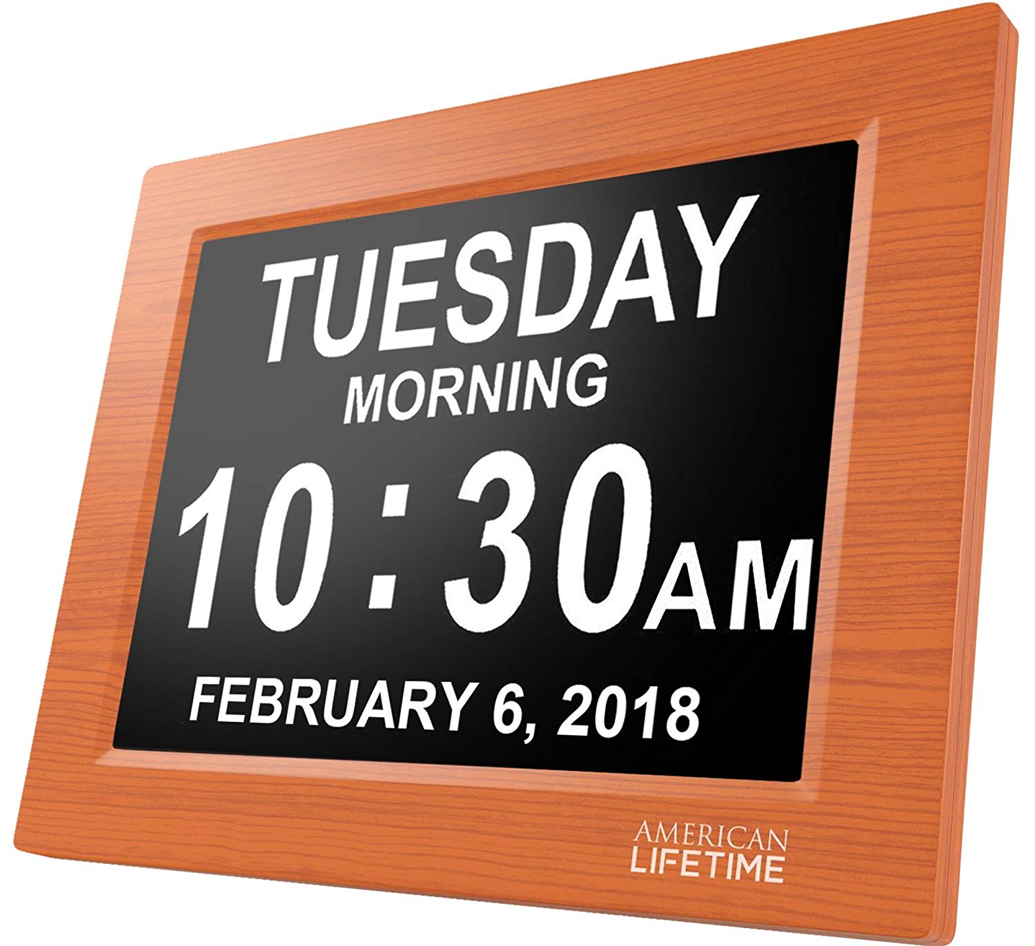 American Lifetime [Newest Version] Day Clock - Extra Large Impaired Vision Digital Clock with Battery Backup & 5 Alarm Options (Brown Wood Color)